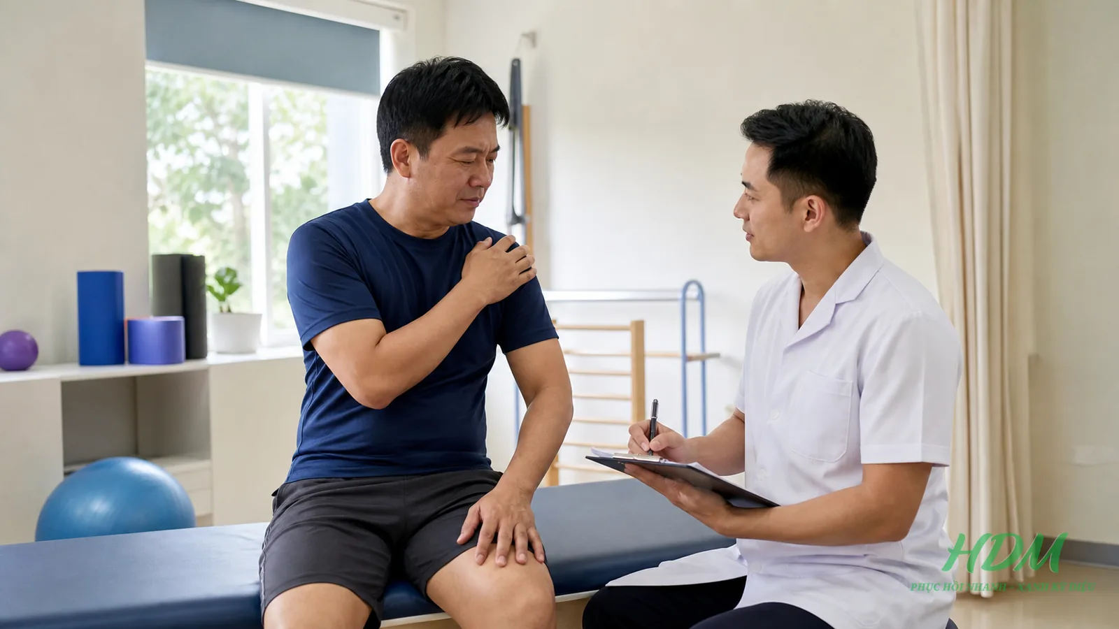Bác sĩ đánh giá vùng đau vai trước khi cân nhắc siêu âm trị liệu trong phòng PHCN