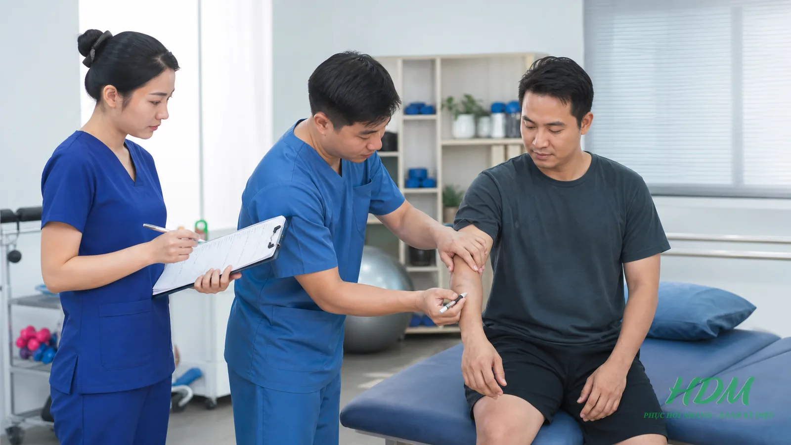 Kỹ thuật viên kiểm tra da và vùng điều trị trước khi dùng tác nhân vật lý trong PHCN