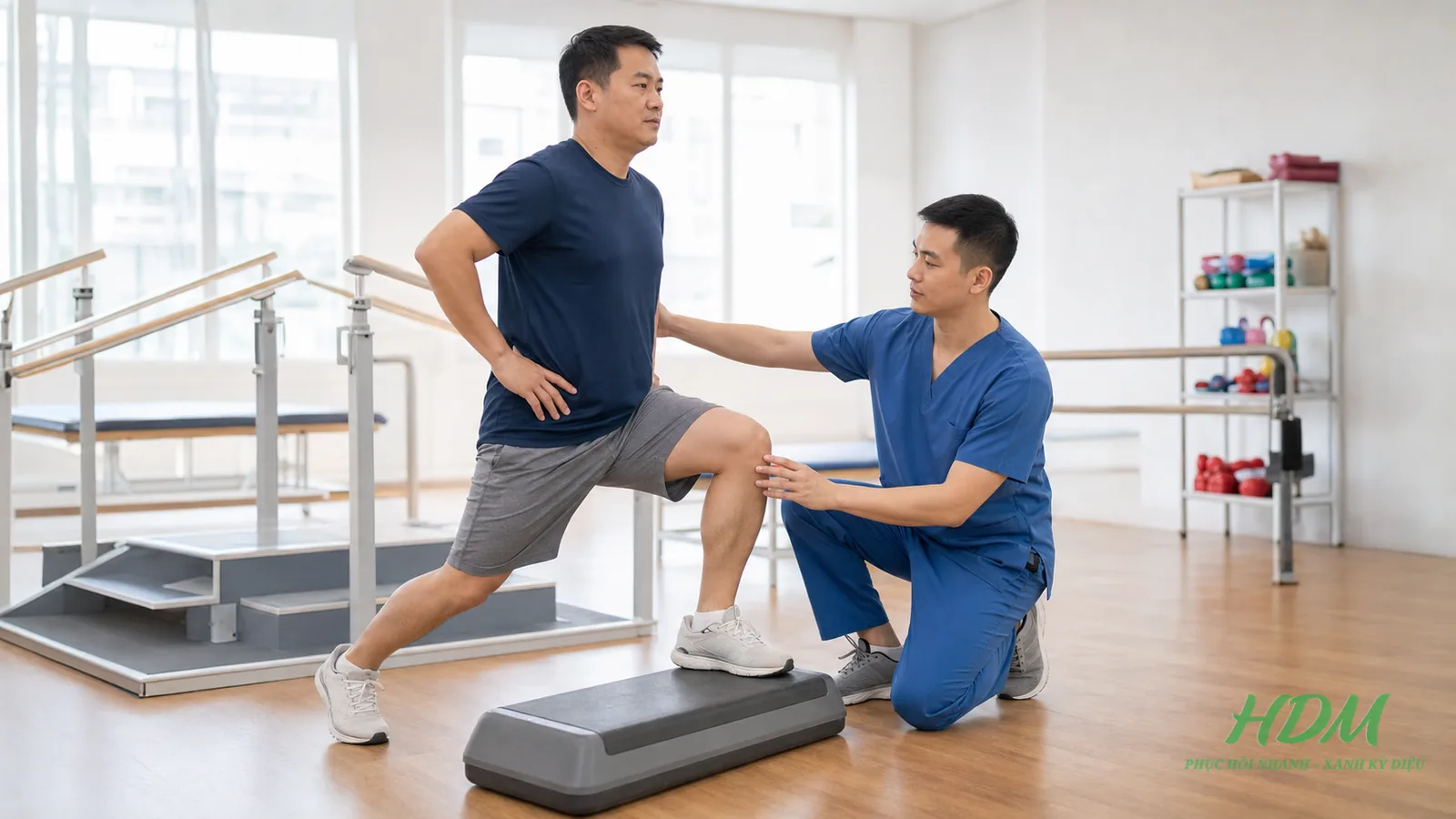 Người bệnh tập bước lên bục có giám sát sau phần hỗ trợ bằng tác nhân vật lý
