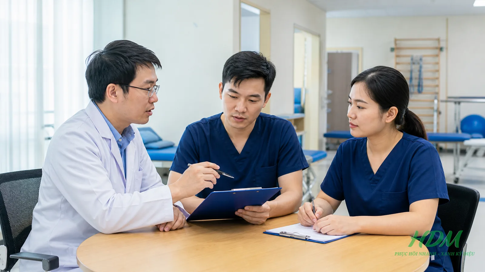 Nhân sự PHCN trao đổi checklist đào tạo trước khi triển khai siêu âm trị liệu