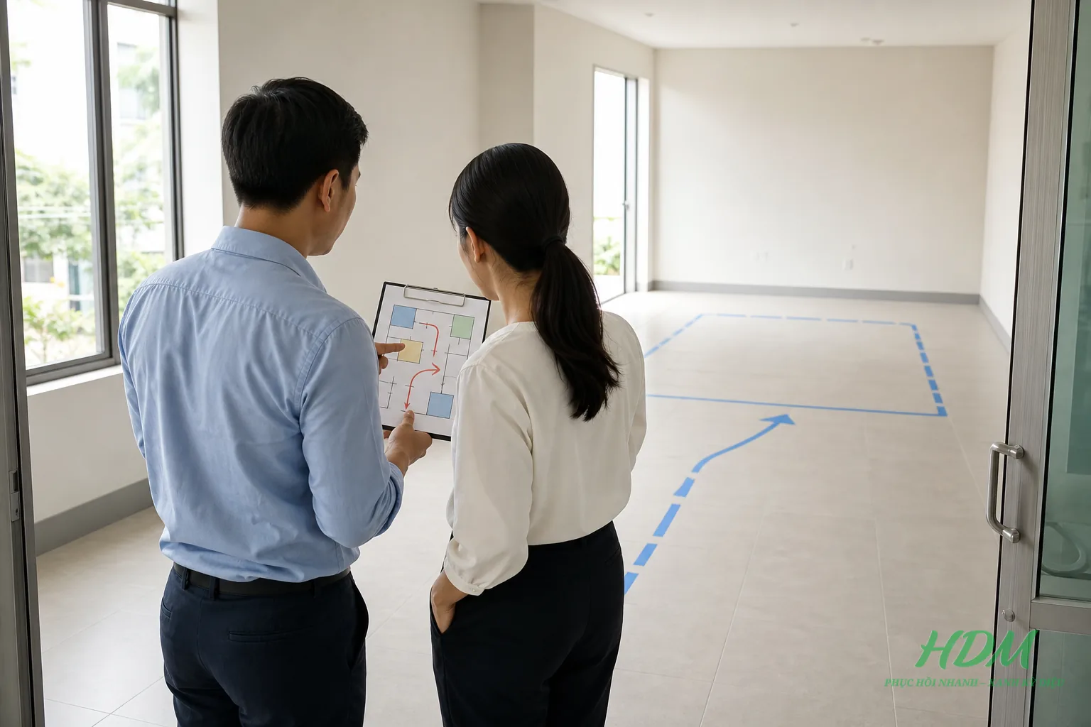 Hai người lập kế hoạch luồng dịch vụ trong mặt bằng phòng khám trống