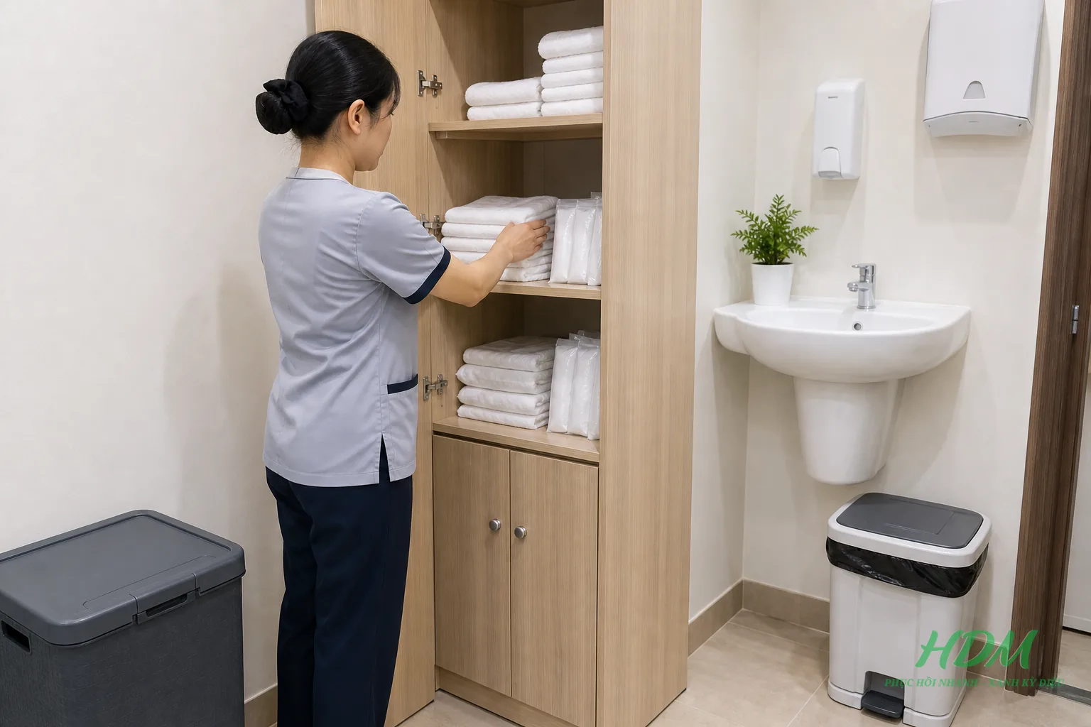 Nhân sự chuẩn bị khăn sạch và khu lưu trữ cạnh bồn rửa giữa hai lượt dịch vụ