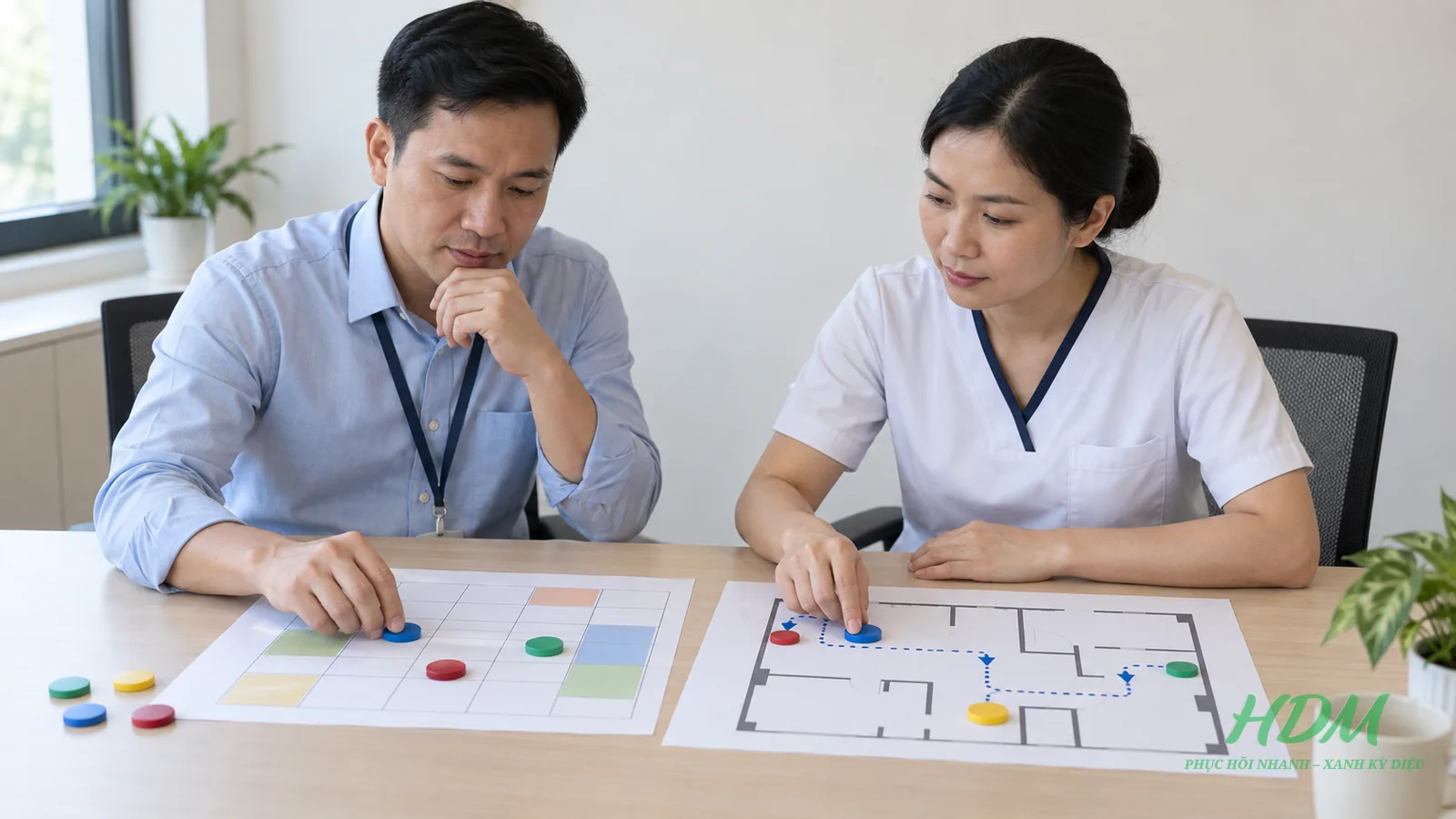 Hai nhân sự PHCN đo số lần đổi lượt và đường di chuyển trước khi chọn cấu hình