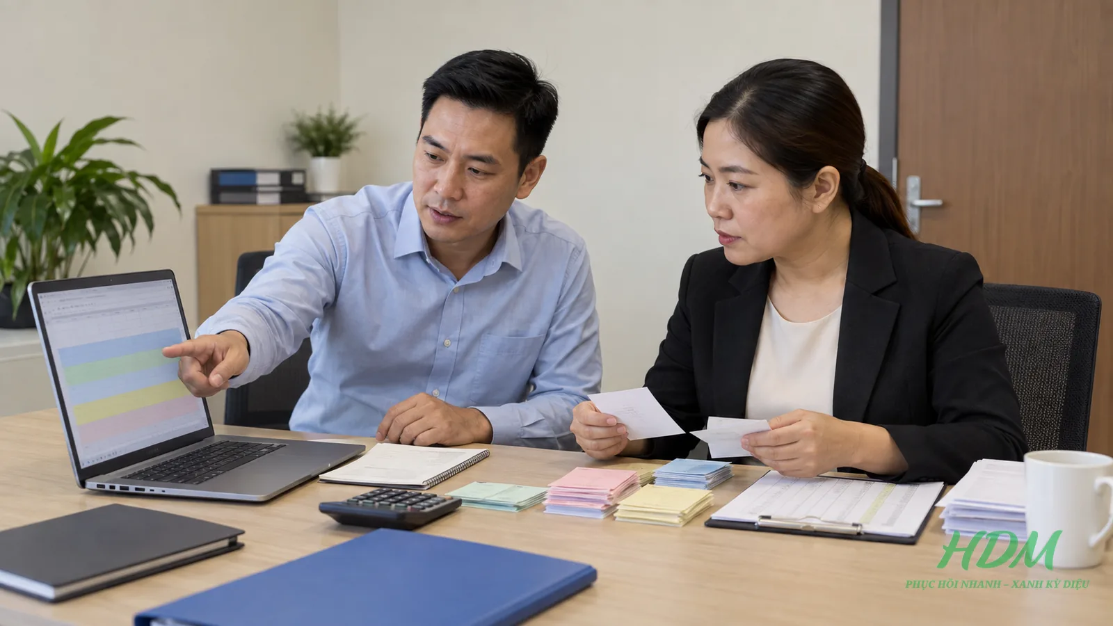 Hai người phụ trách đối chiếu số thực tế và dự toán chi phí tháng