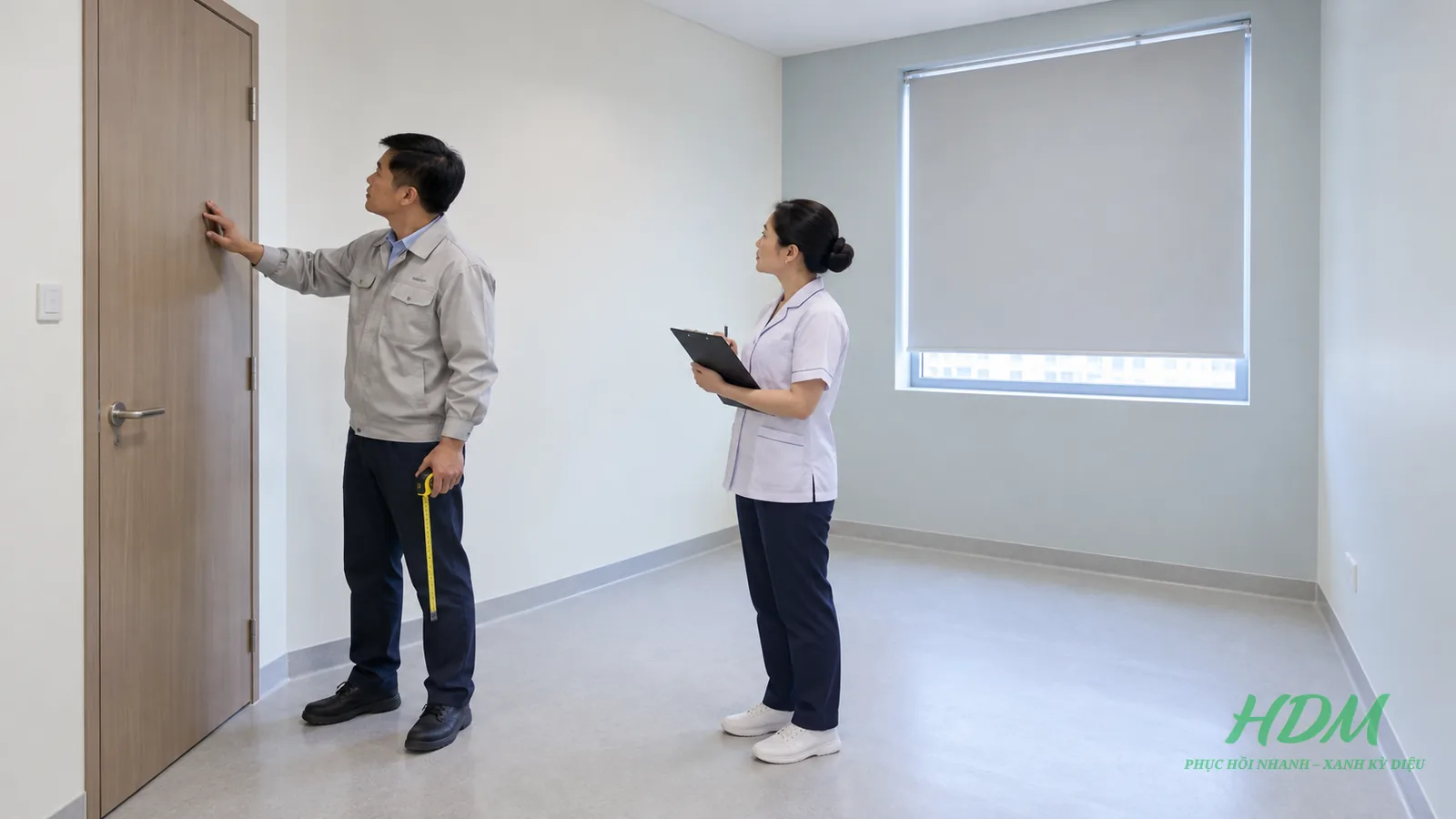 Nhân sự khảo sát phòng kín và bề mặt phản xạ trước khi lắp laser Class 4