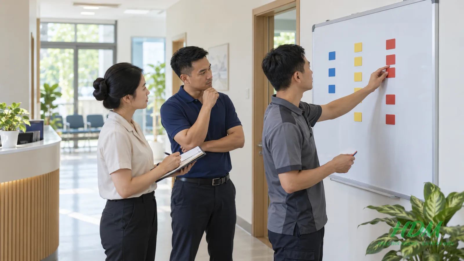 Nhóm vận hành phân loại lịch bằng thẻ màu trống trước giờ mở cửa