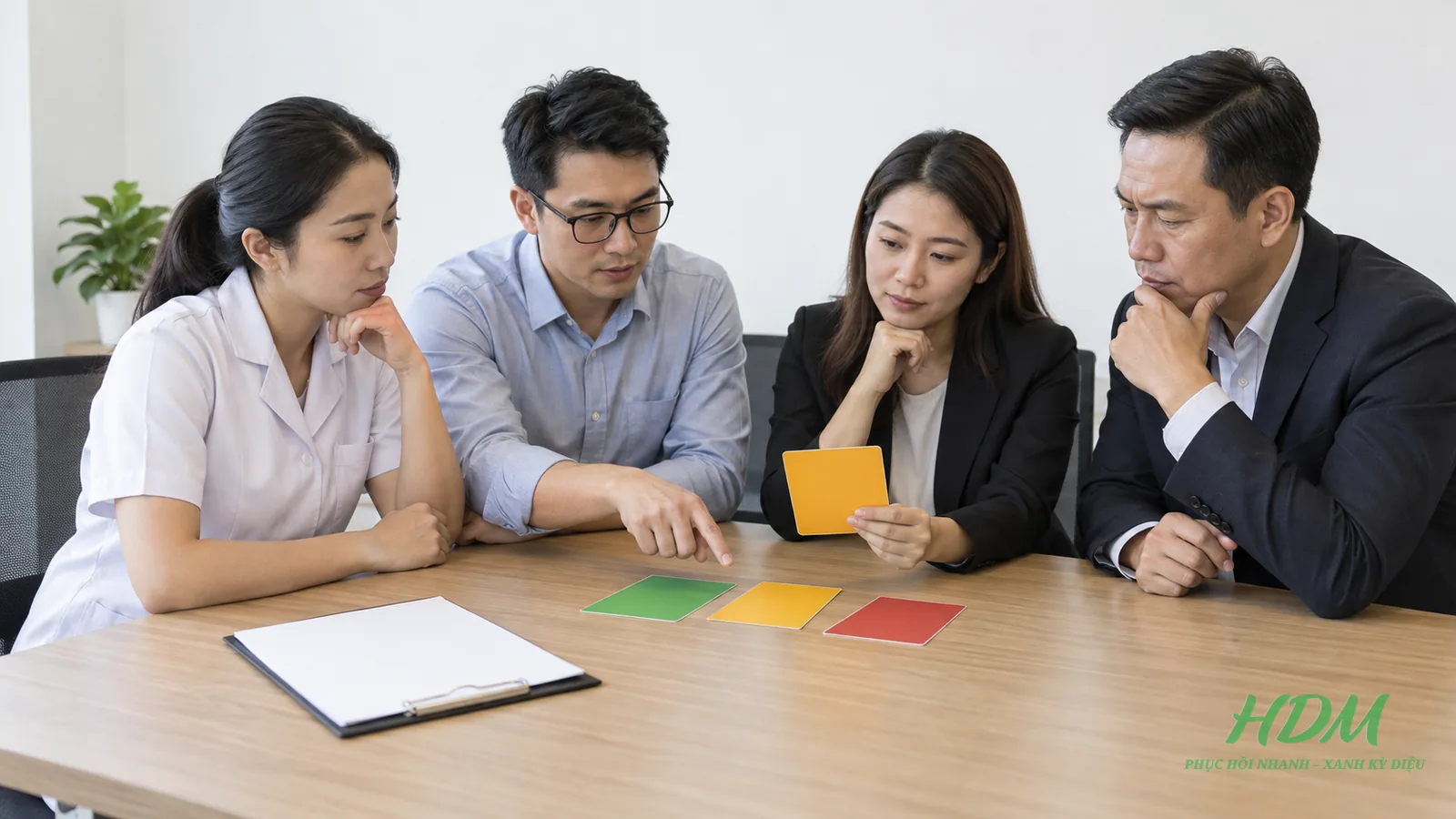 Nhóm khoa, kỹ thuật và mua sắm dùng thẻ màu trống để chốt GO hoặc HOLD