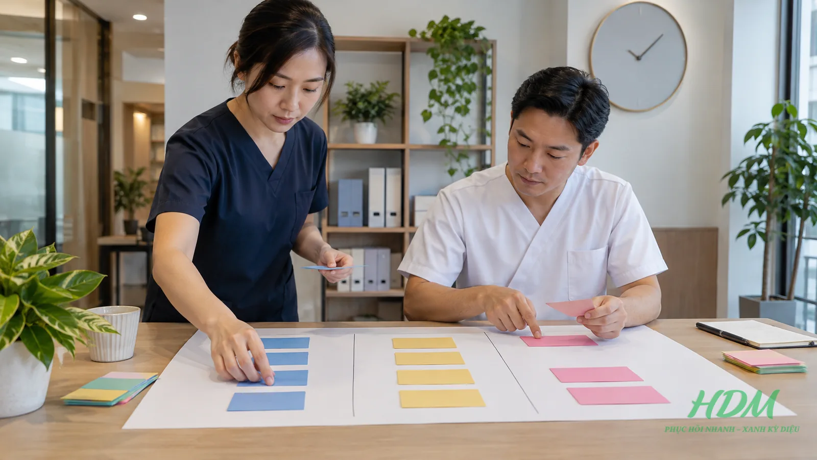 Hai vai trò phân bổ lịch thành ba nhánh bằng thẻ màu không chứa dữ liệu người bệnh